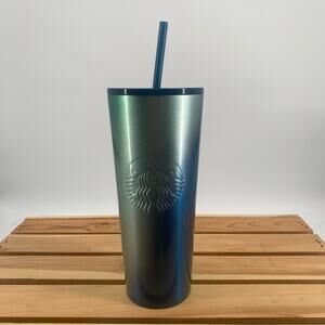 Starbucks 2021 Holiday Stainless Steel Blue & Green Ombre Tumbler 24 Oz Cold Cup
